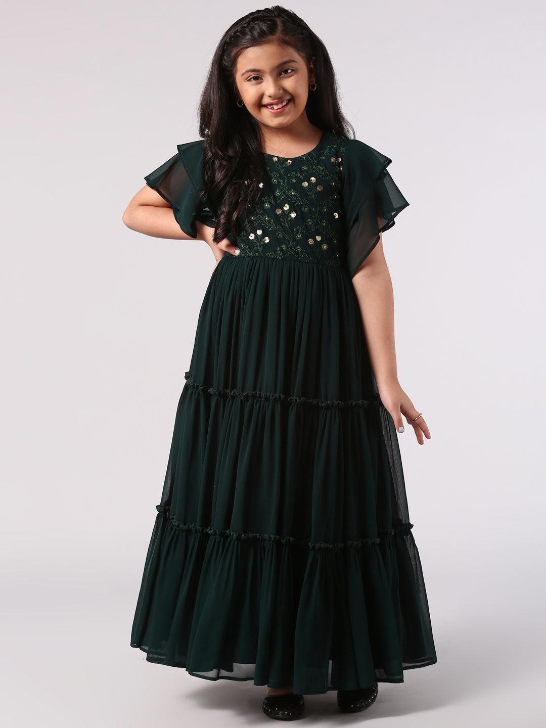 Kids Green Embellished Georgette Dress