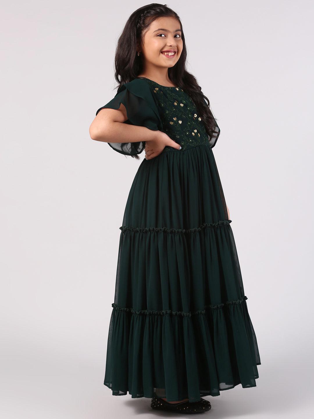 Kids Green Embellished Georgette Dress