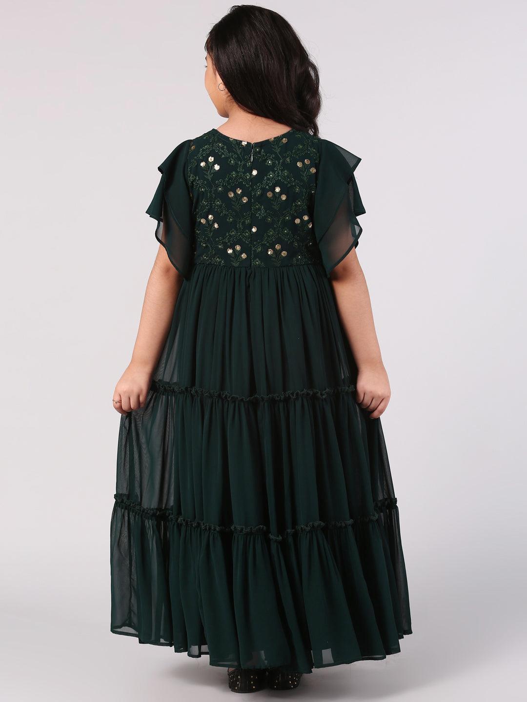 Kids Green Embellished Georgette Dress