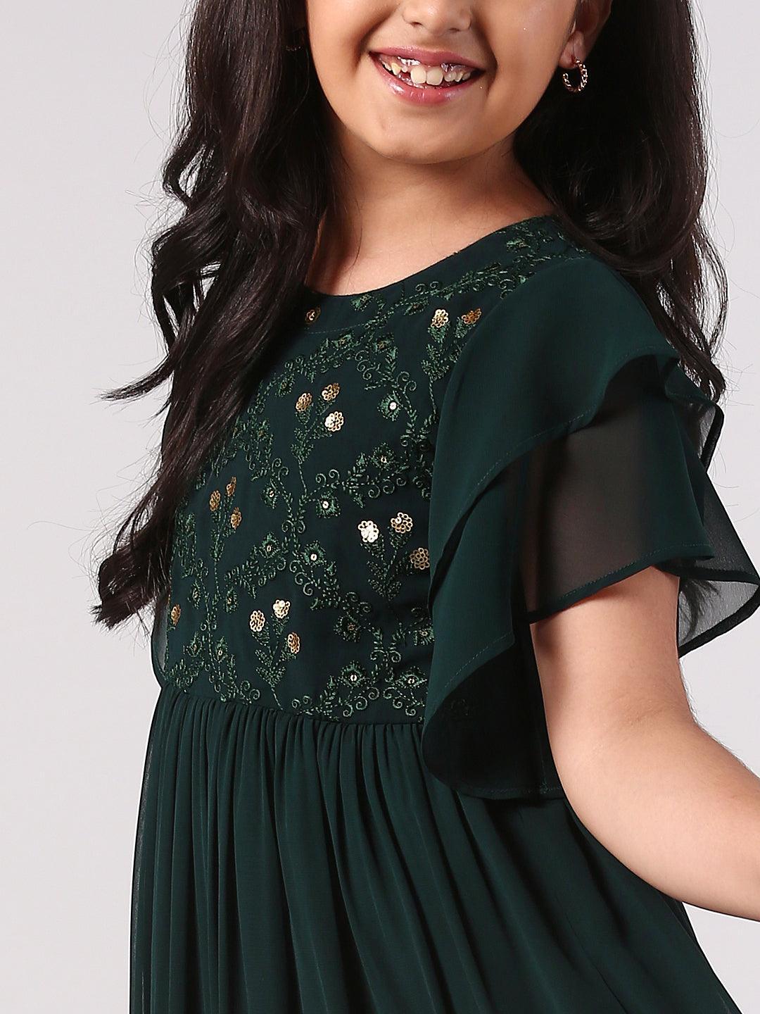 Kids Green Embellished Georgette Dress