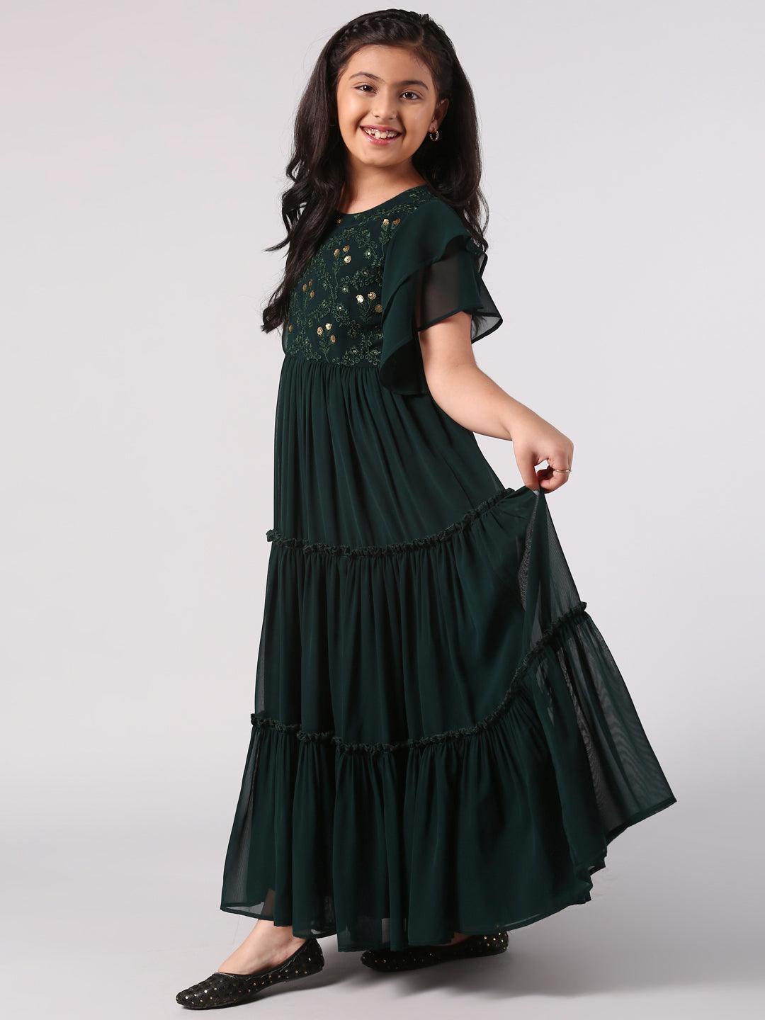 Kids Green Embellished Georgette Dress