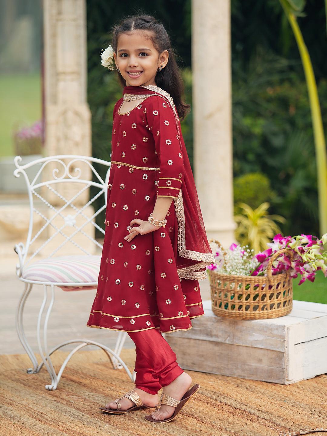 Kids Maroon Embroidered Georgette Suit Set