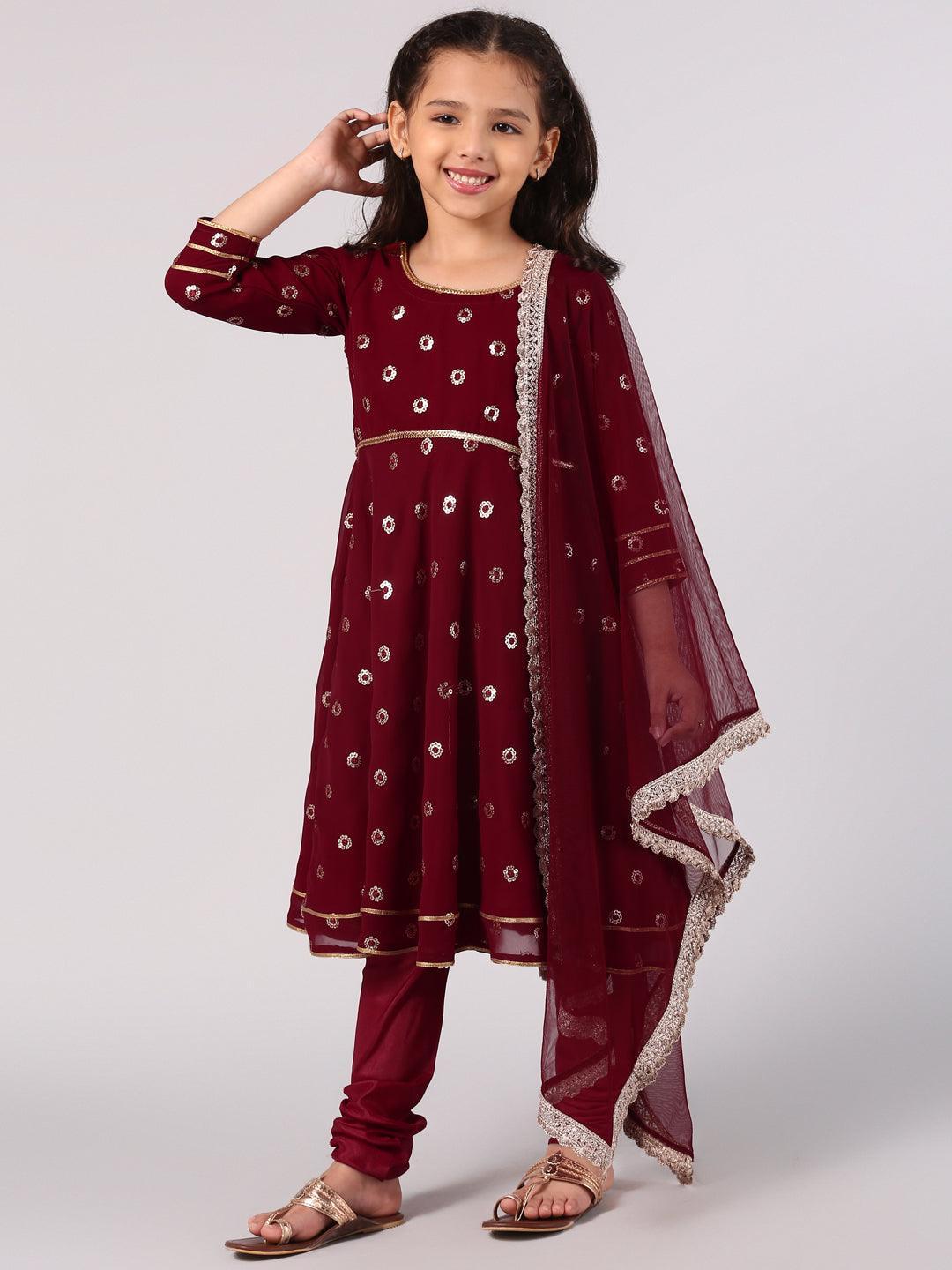 Kids Maroon Embroidered Georgette Suit Set