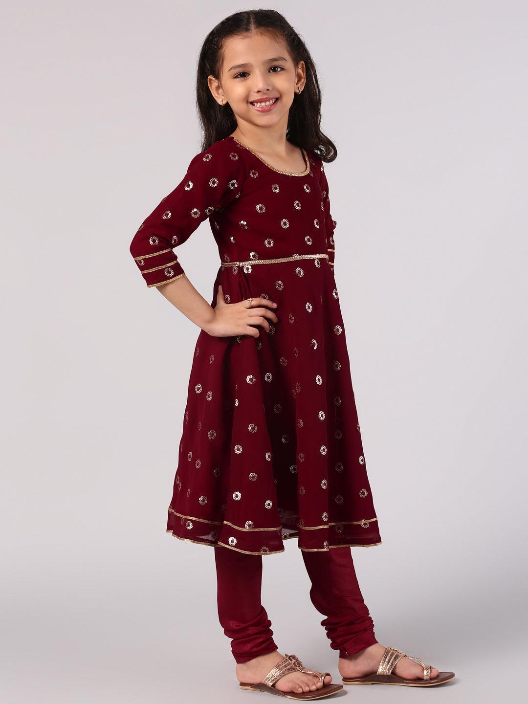 Kids Maroon Embroidered Georgette Suit Set