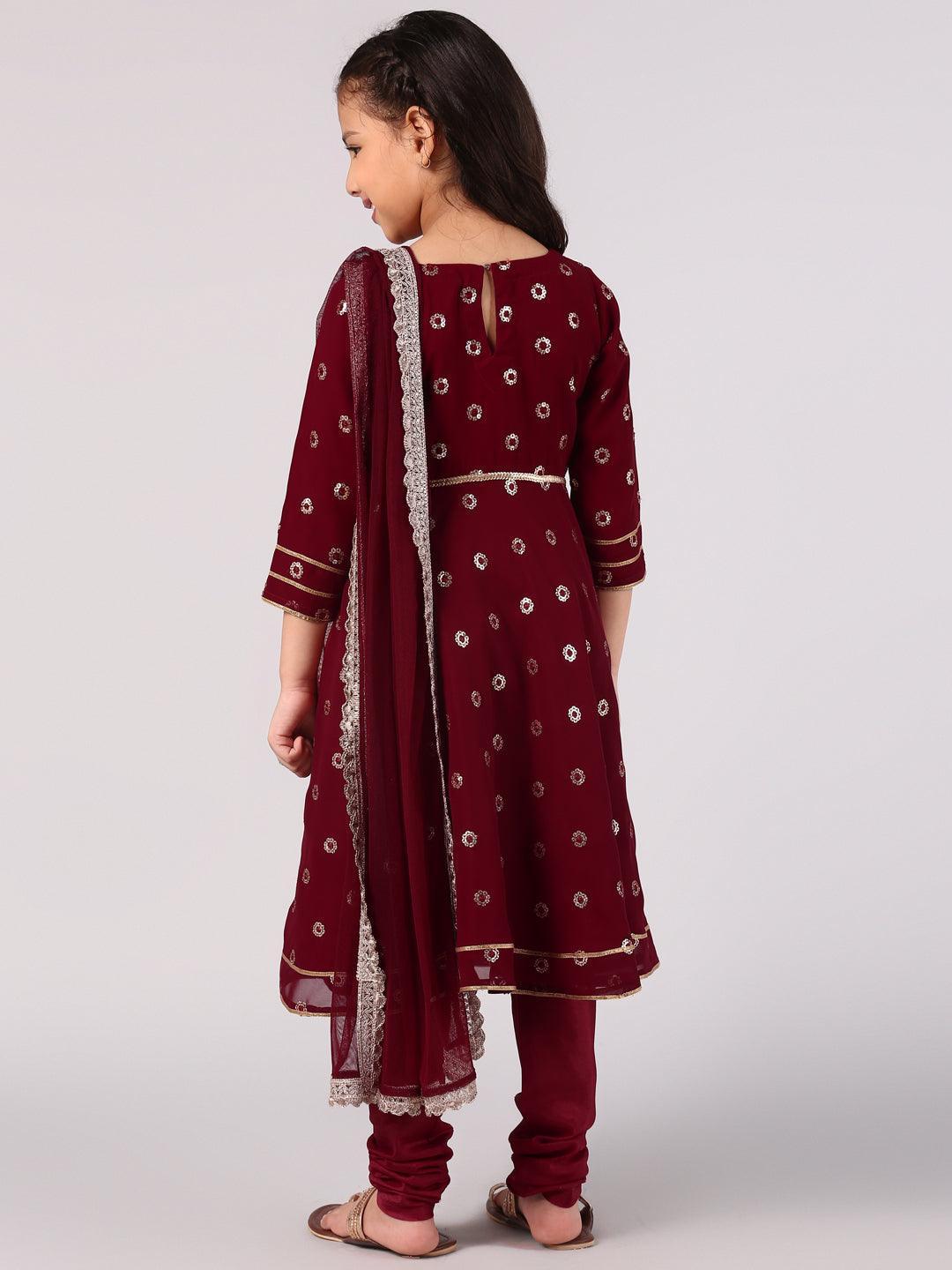 Kids Maroon Embroidered Georgette Suit Set