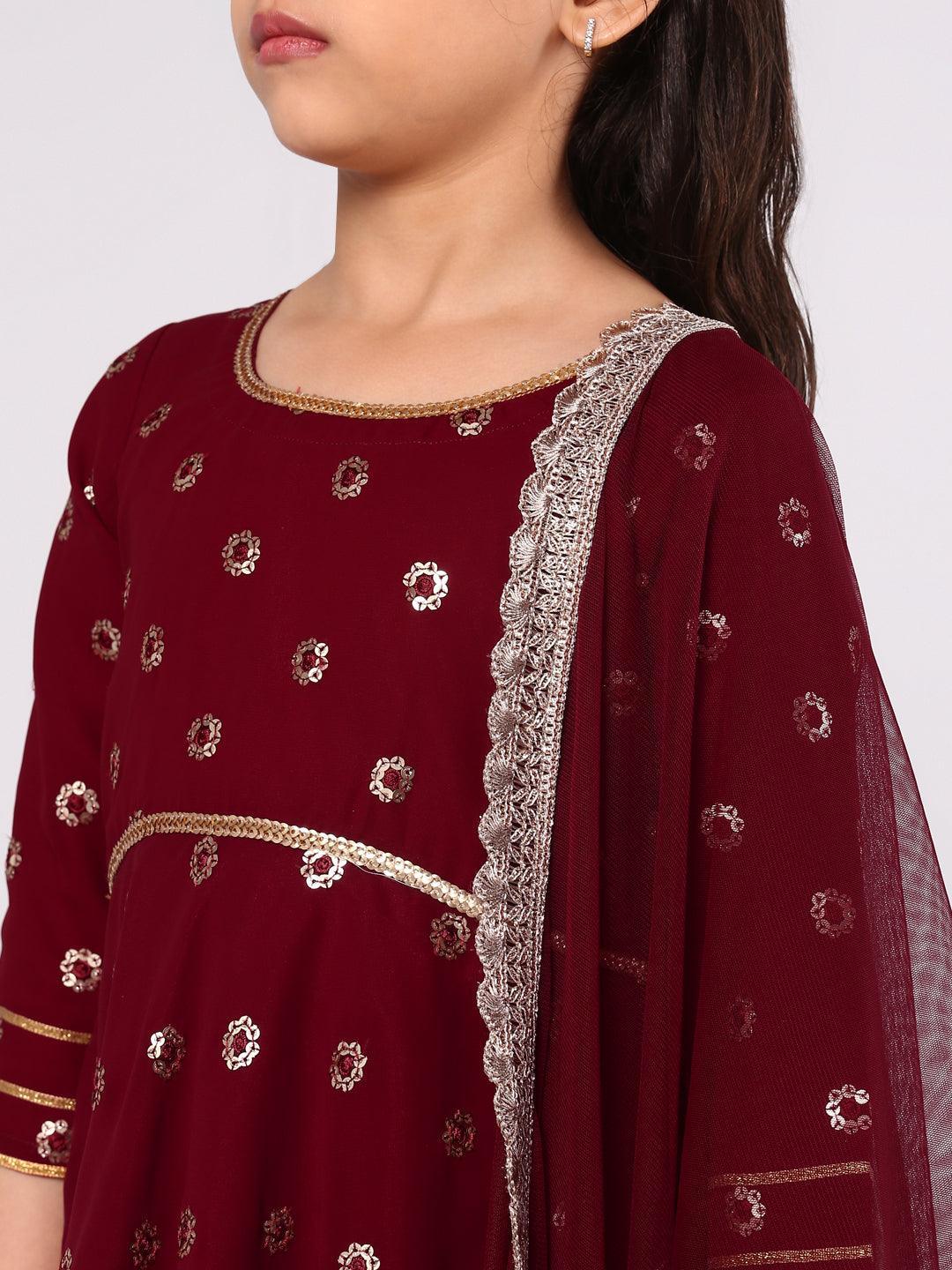 Kids Maroon Embroidered Georgette Suit Set