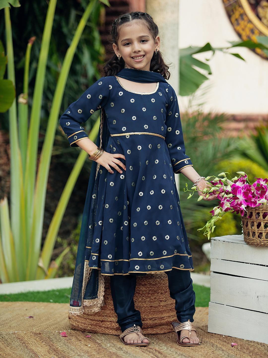 Kids Blue Embroidered Georgette Suit Set