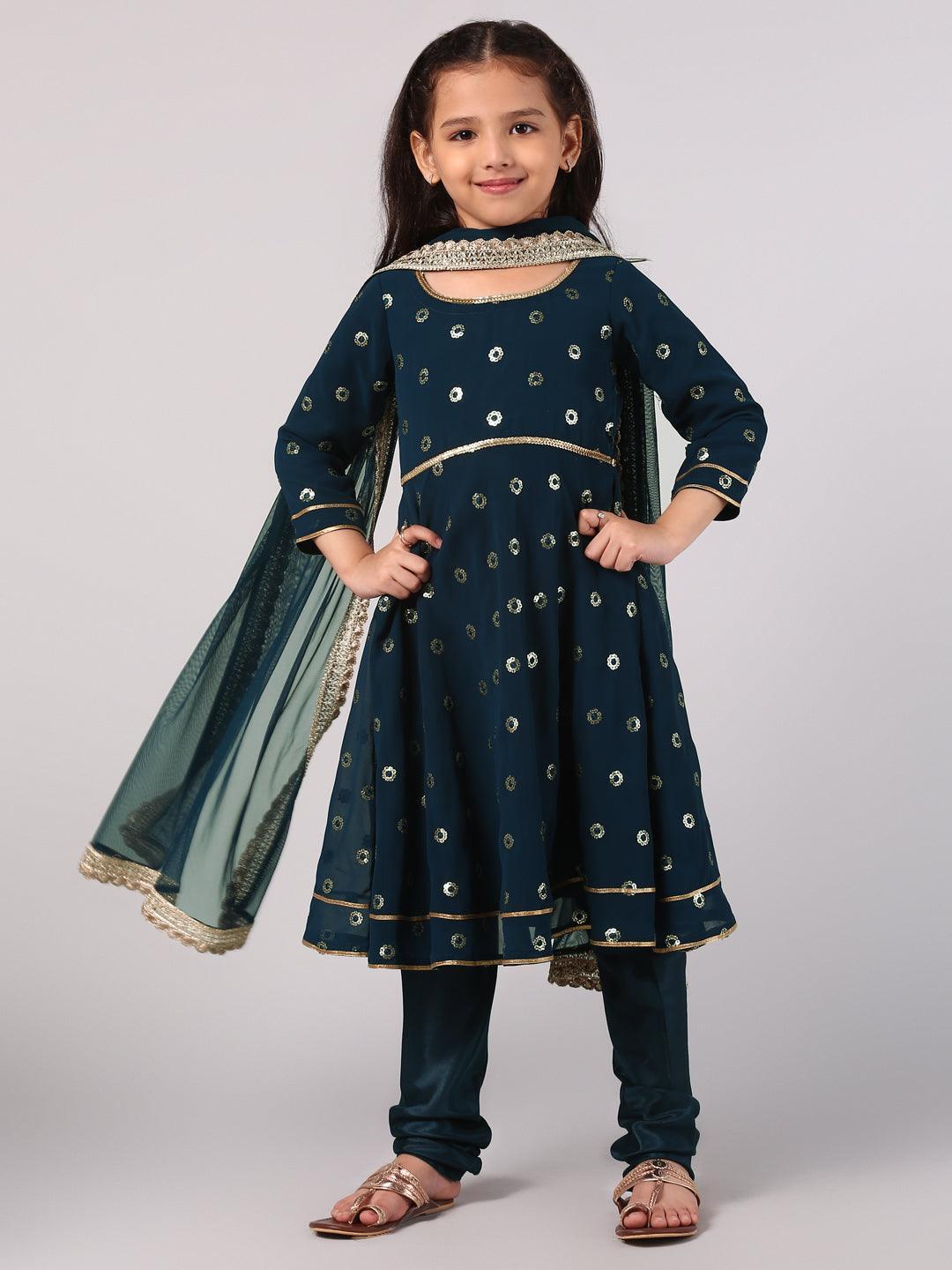 Kids Blue Embroidered Georgette Suit Set