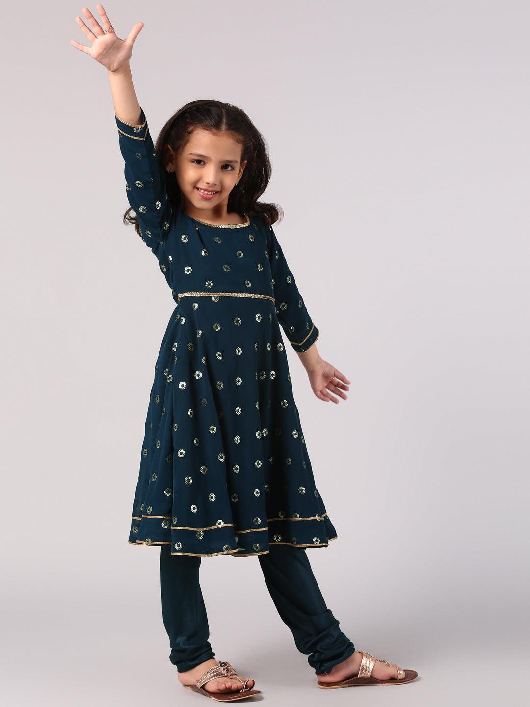 Kids Blue Embroidered Georgette Suit Set