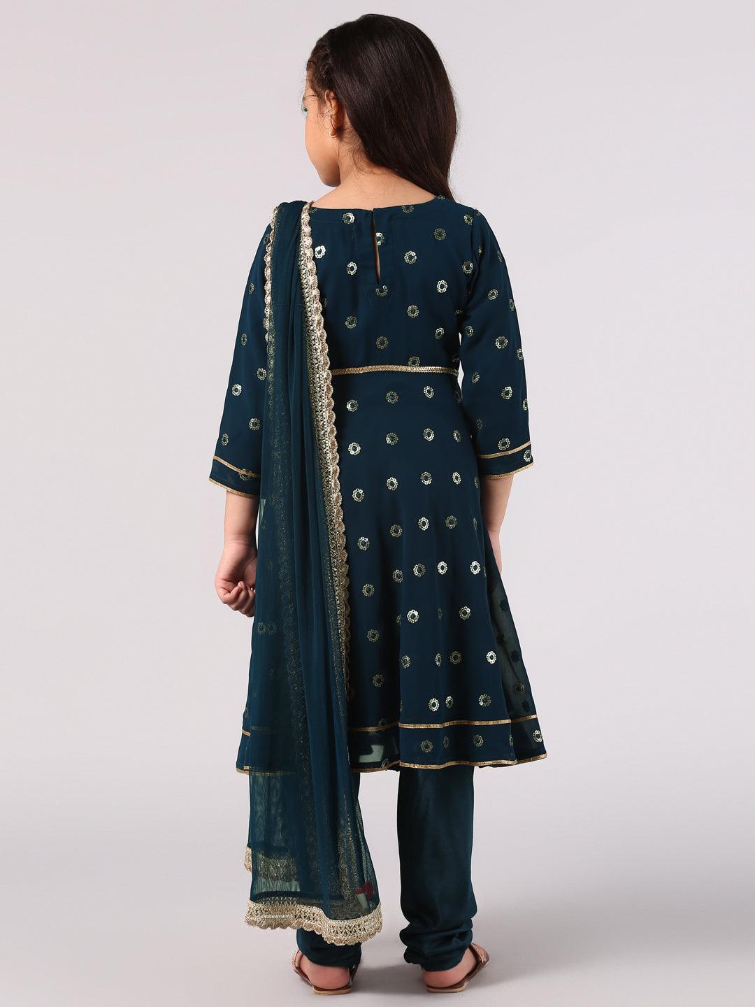 Kids Blue Embroidered Georgette Suit Set