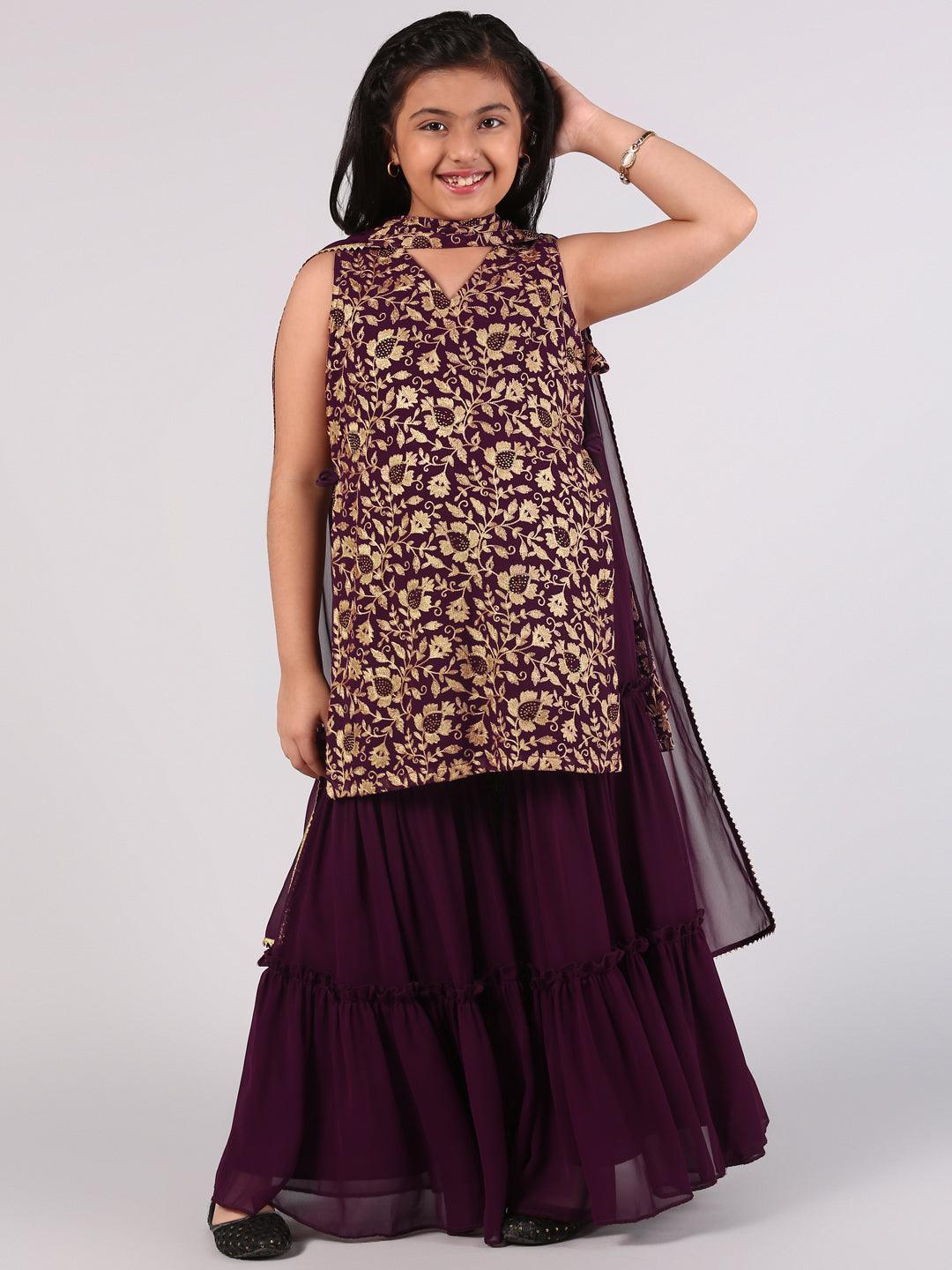 Kids Purple Embroidered Georgette Suit Set