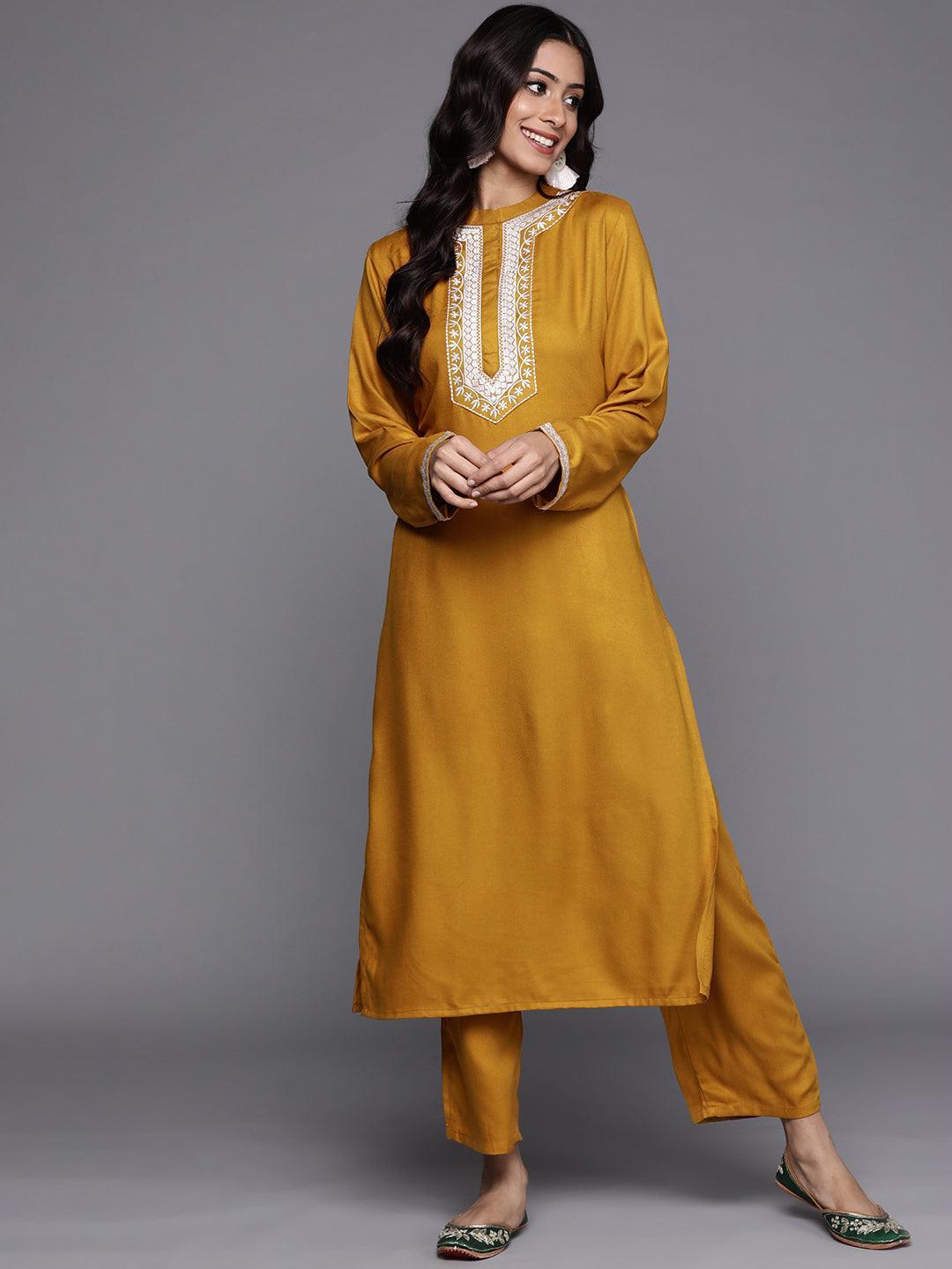 Yellow Solid Pashmina Wool Kurta Set