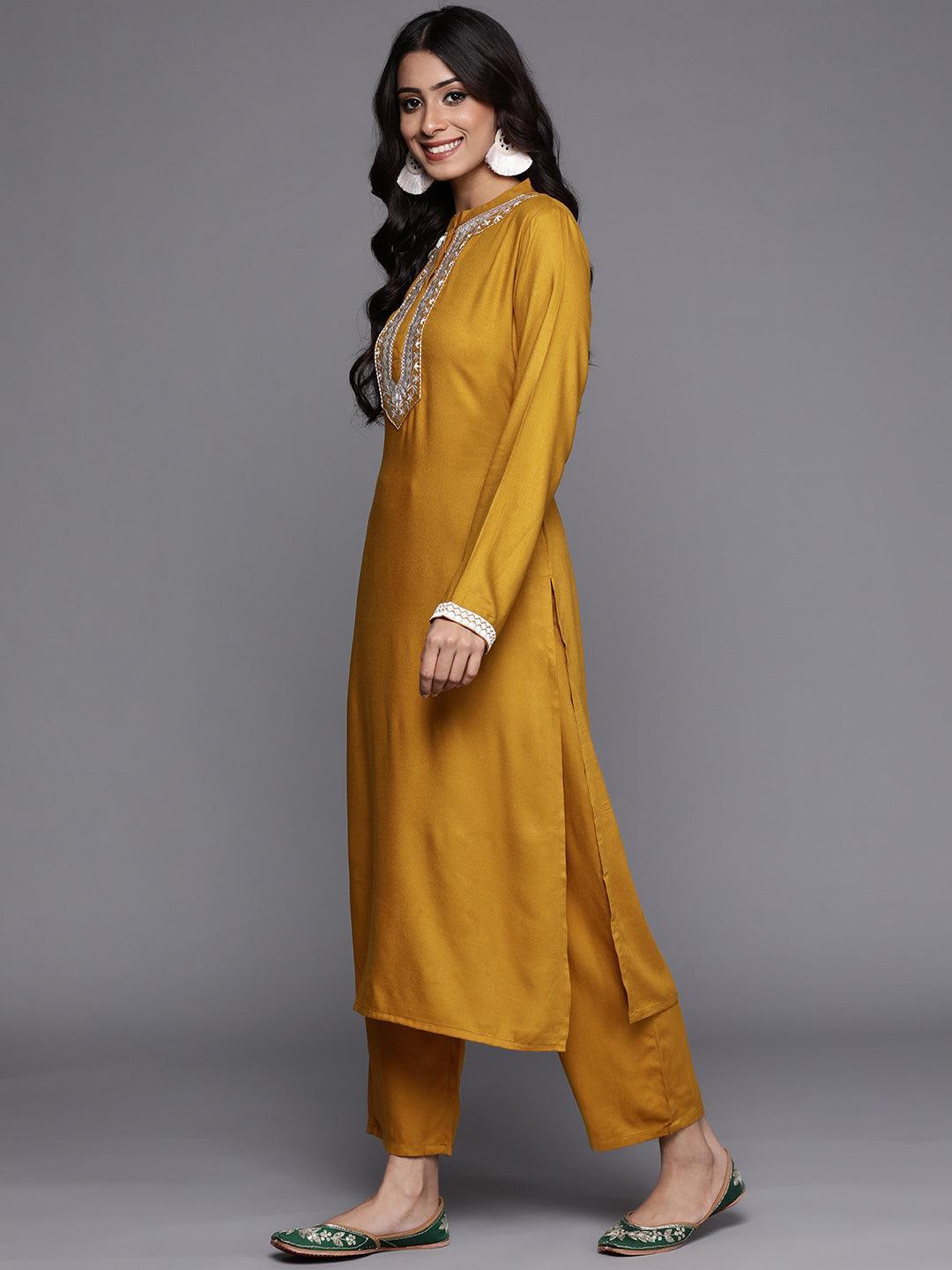 Yellow Solid Pashmina Wool Kurta Set