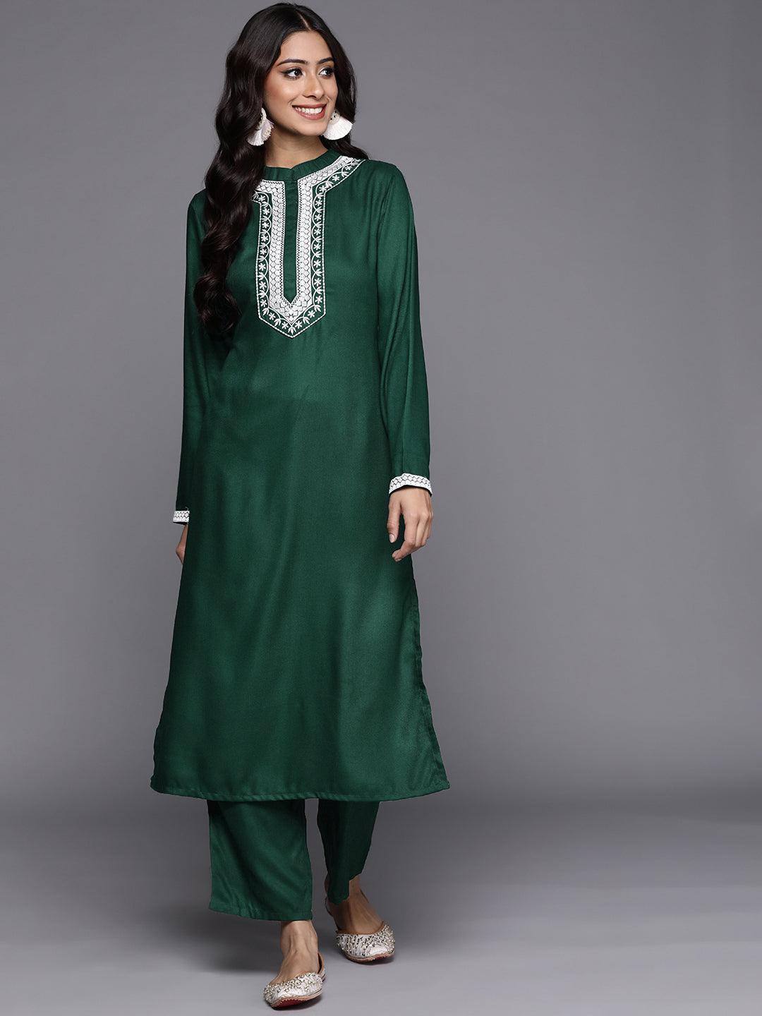 Green Solid Pashmina Wool Kurta Set