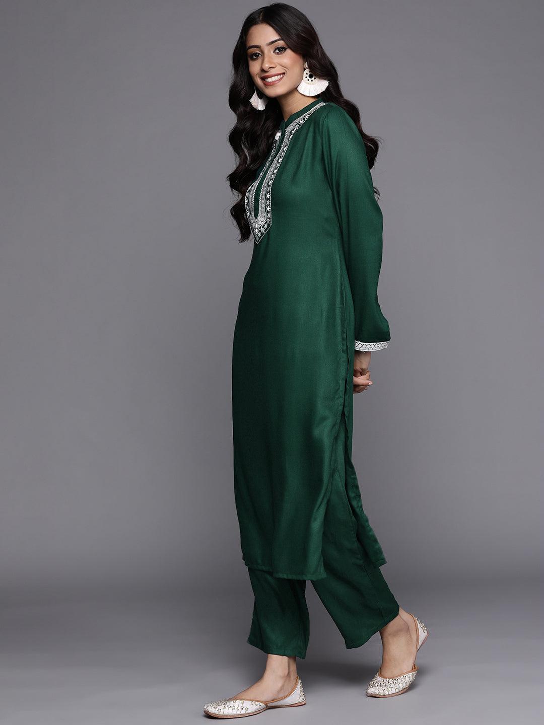 Green Solid Pashmina Wool Kurta Set