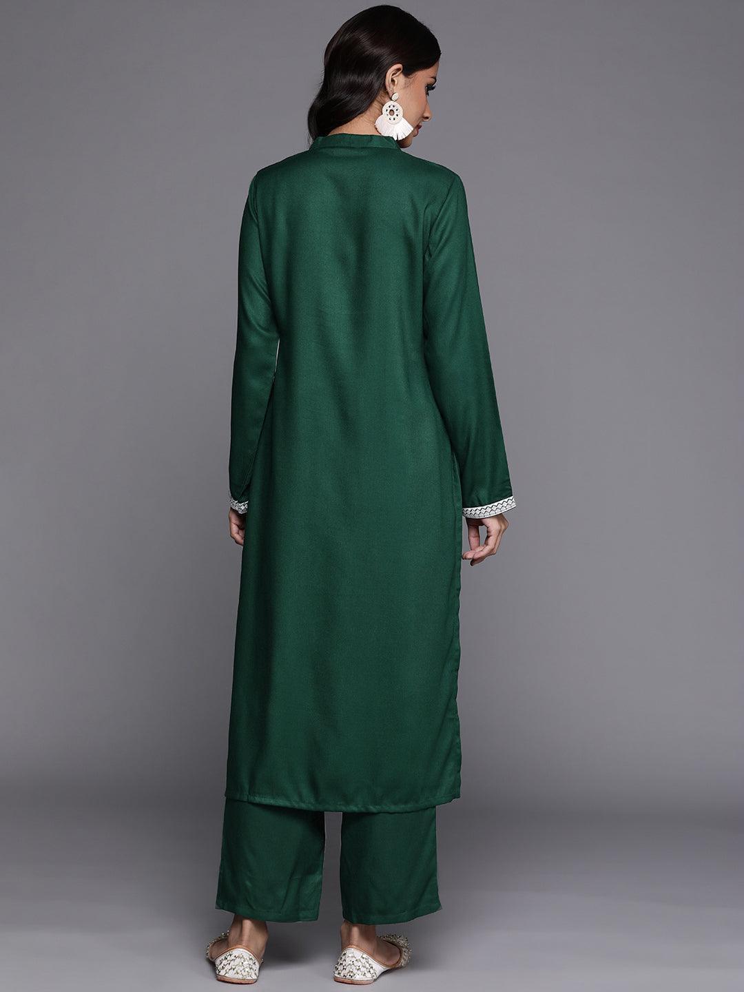 Green Solid Pashmina Wool Kurta Set