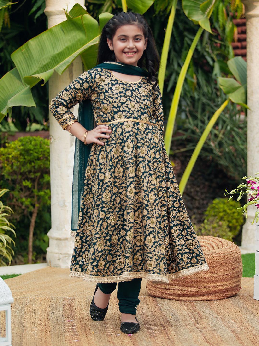 Kids Green Embroidered Georgette Suit Set