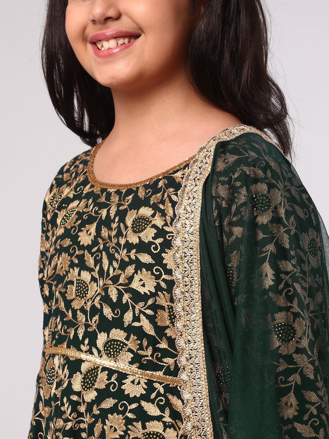 Kids Green Embroidered Georgette Suit Set