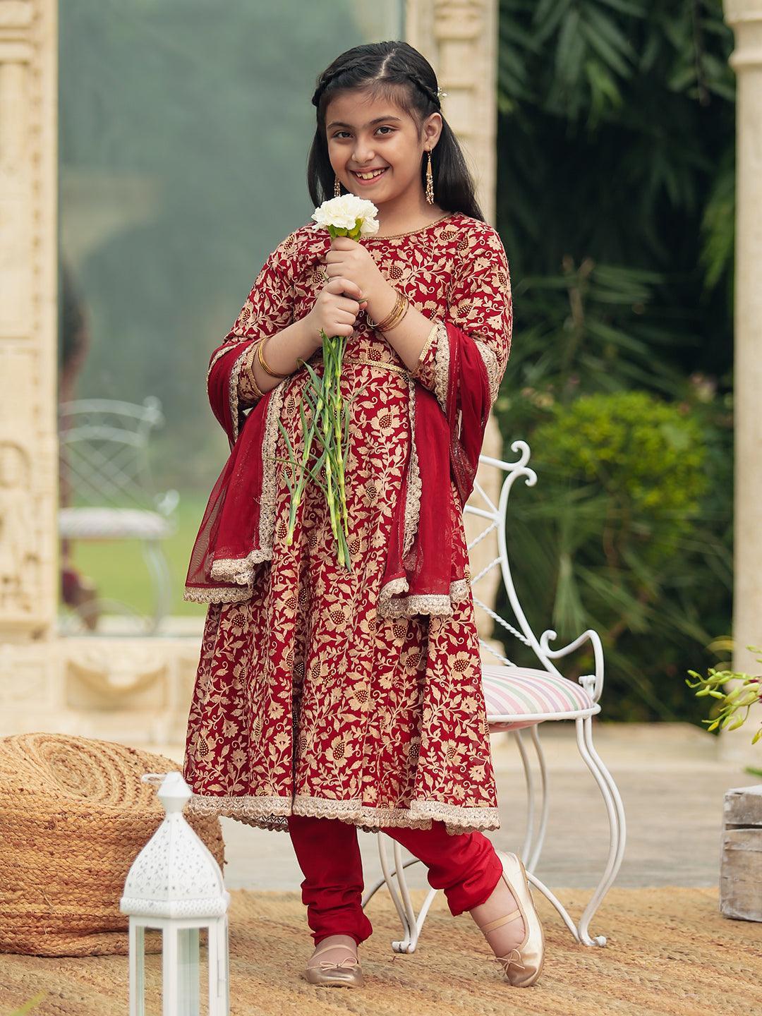 Kids Maroon Embroidered Georgette Suit Set