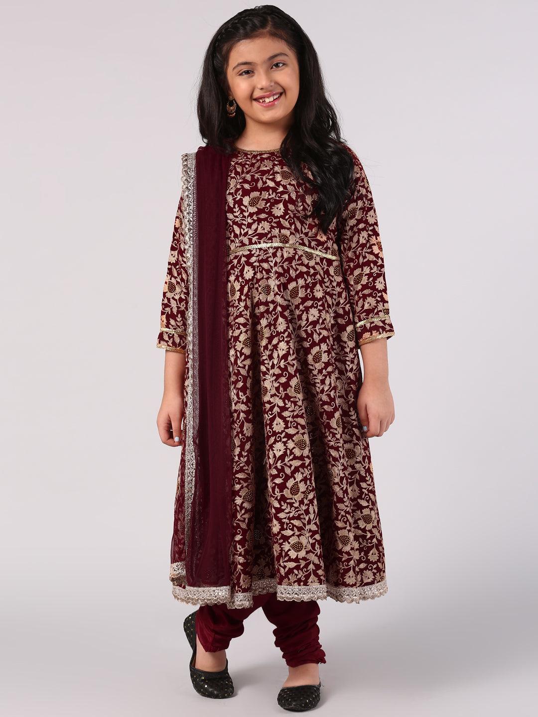 Kids Maroon Embroidered Georgette Suit Set