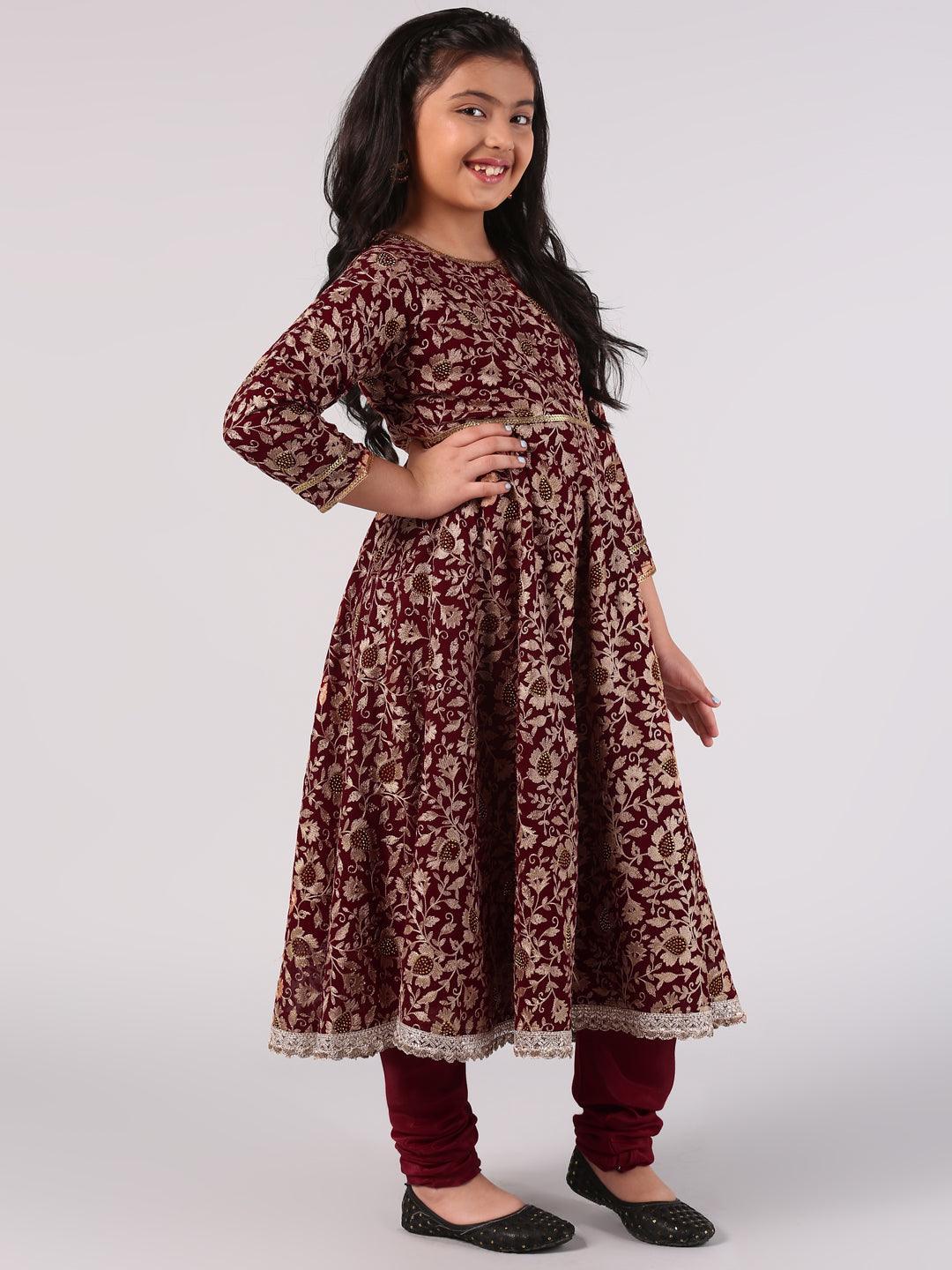 Kids Maroon Embroidered Georgette Suit Set