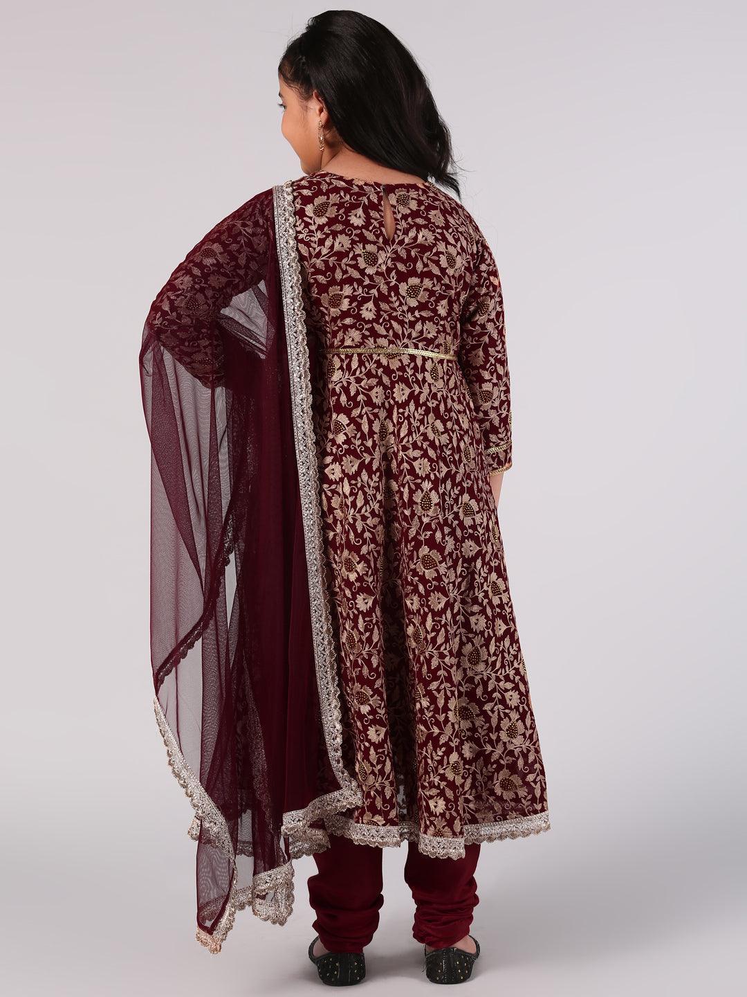 Kids Maroon Embroidered Georgette Suit Set