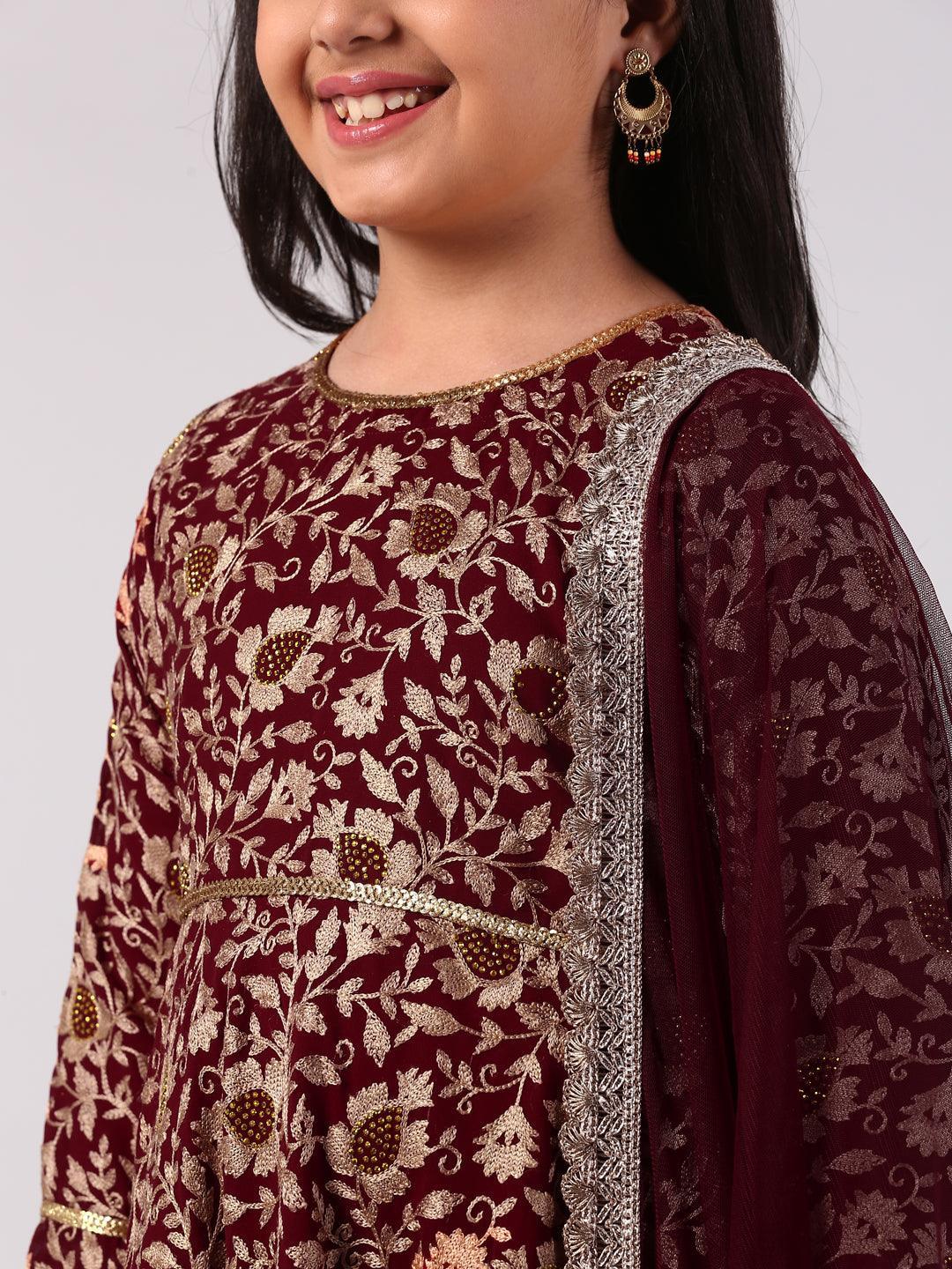 Kids Maroon Embroidered Georgette Suit Set