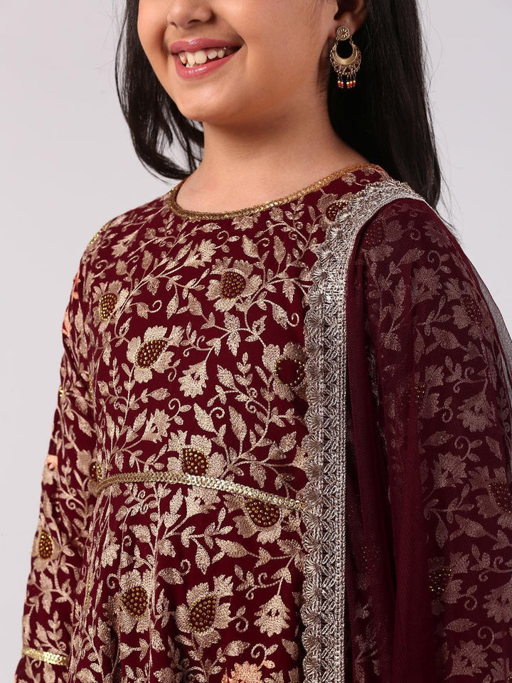 Maroon Embroidered Georgette Suit Set - ShopLibas