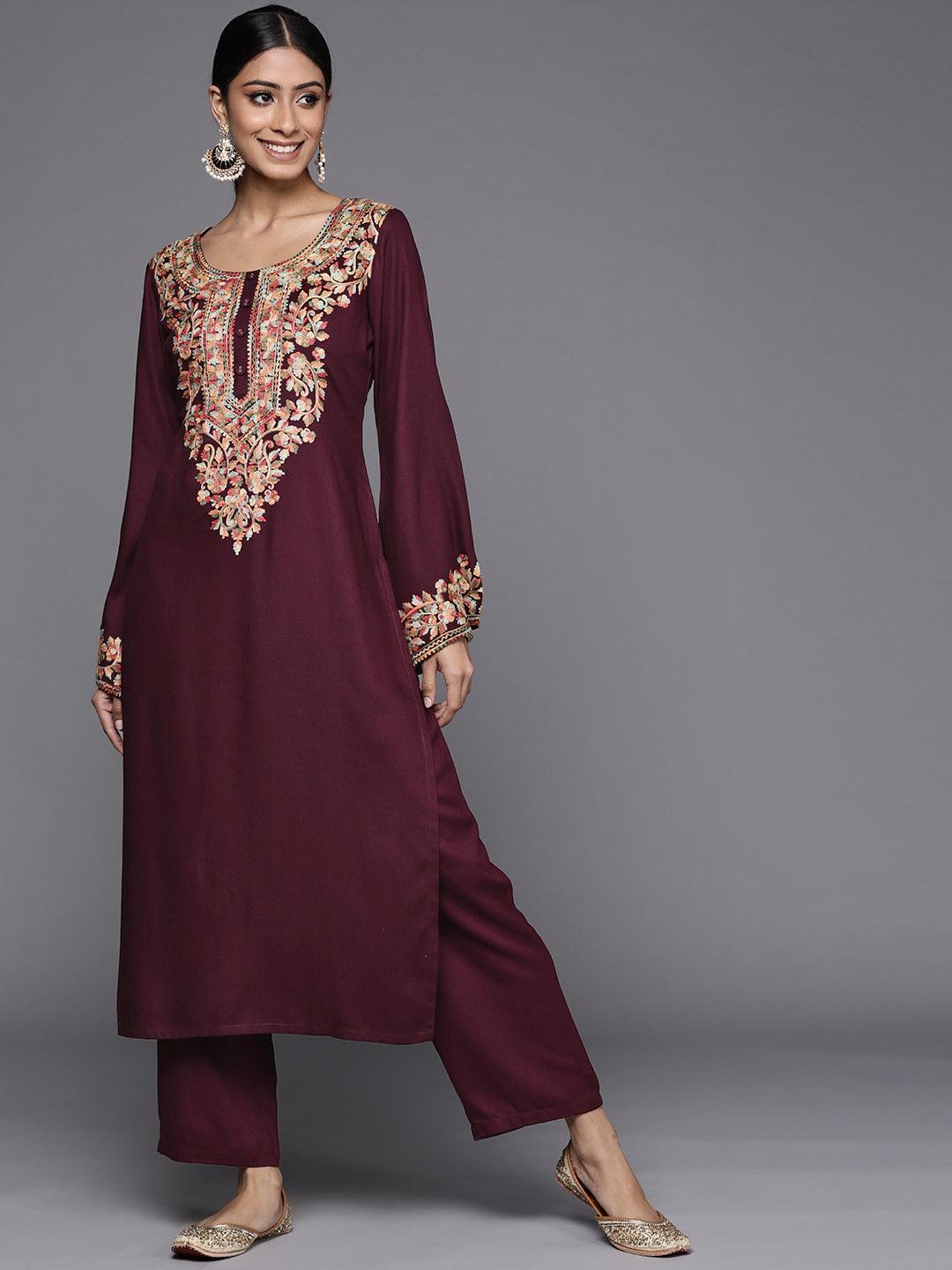 Maroon Solid Pashmina Wool Kurta Set