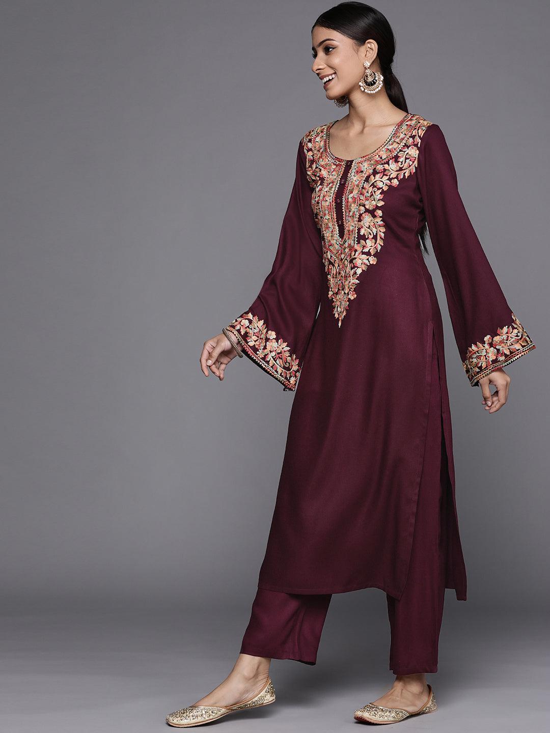 Maroon Solid Pashmina Wool Kurta Set