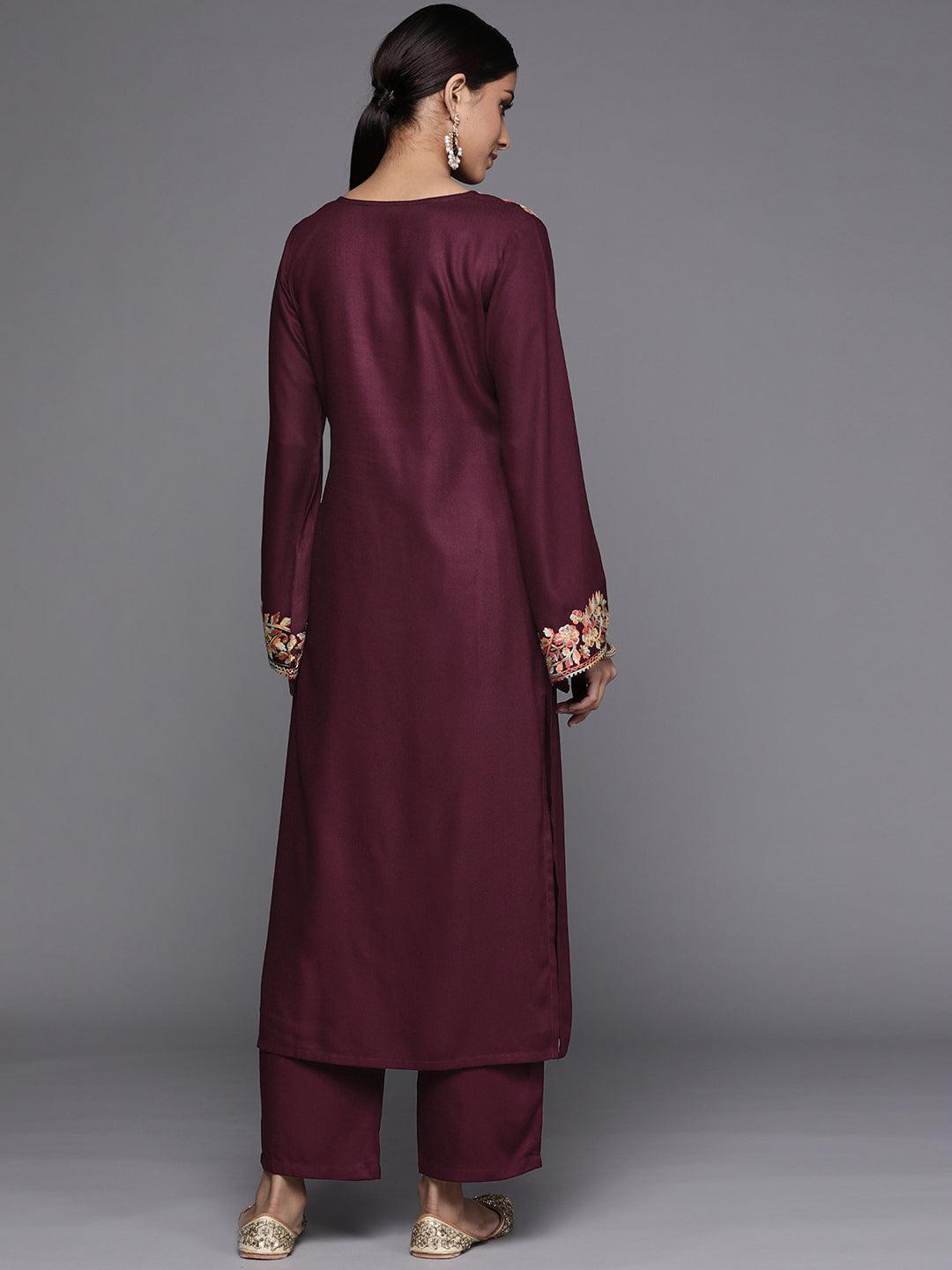 Maroon Solid Pashmina Wool Kurta Set