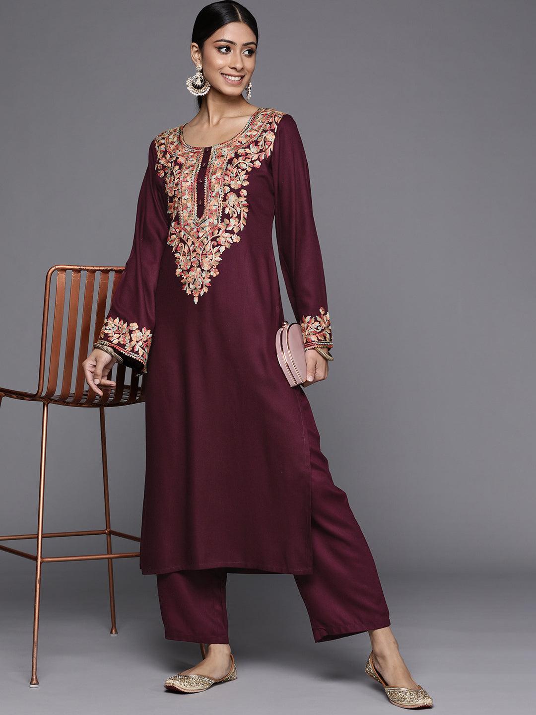 Maroon Solid Pashmina Wool Kurta Set