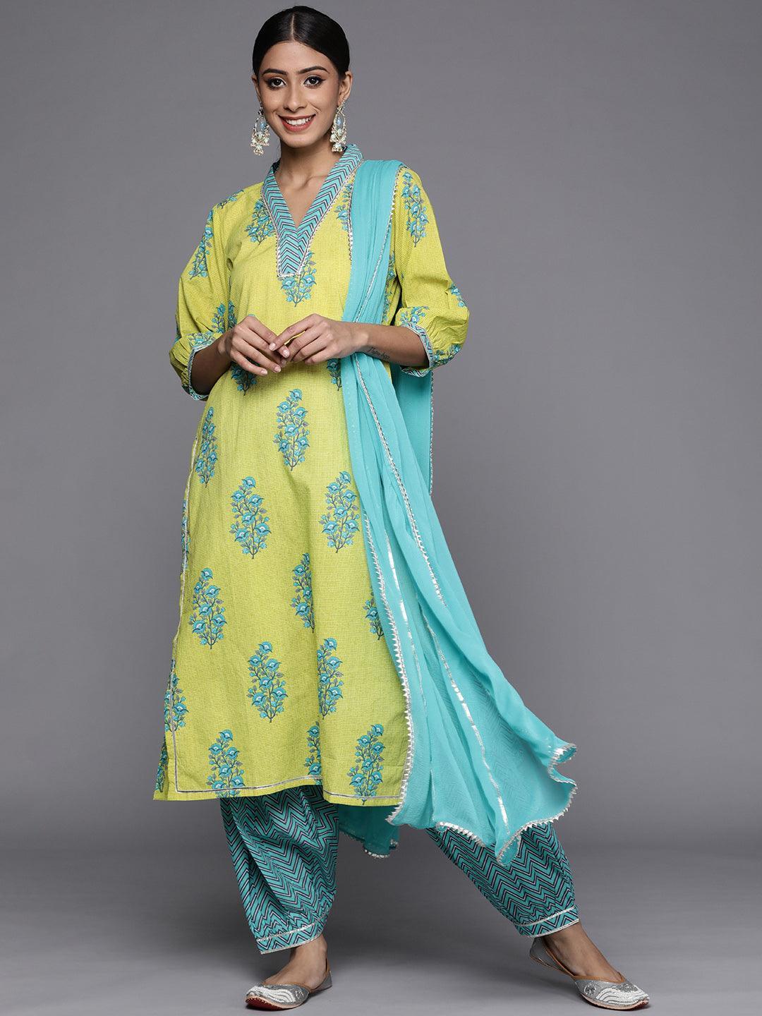 Green Printed Cotton Suit Set