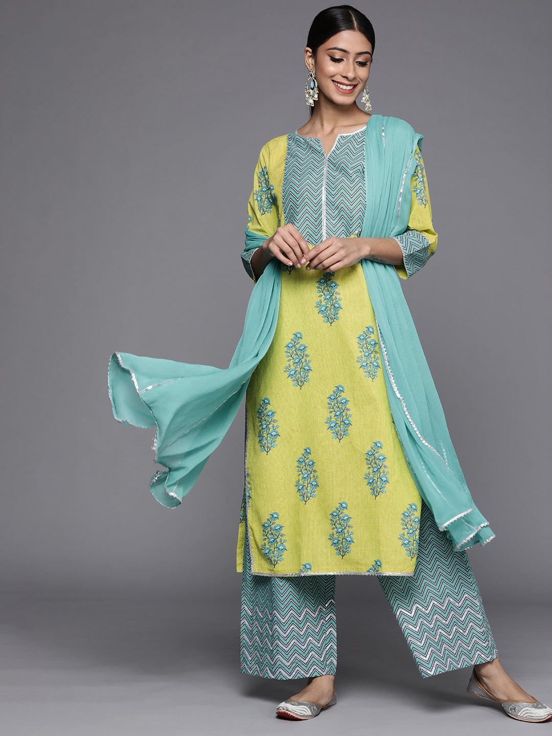 Green Printed Cotton Suit Set