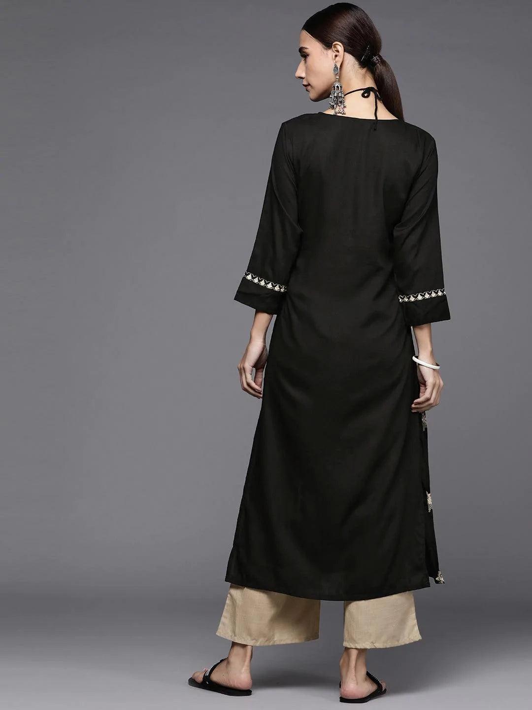 Black Embroidered Rayon Kurta Set