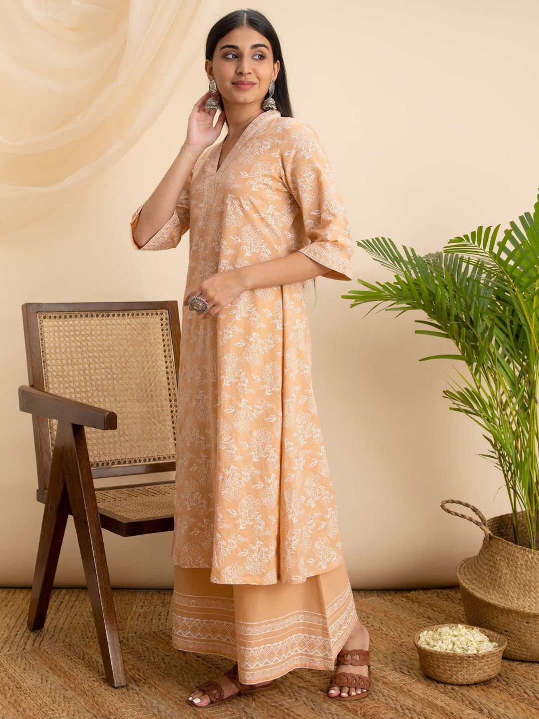 Peach Printed Cotton Kurta - ShopLibas