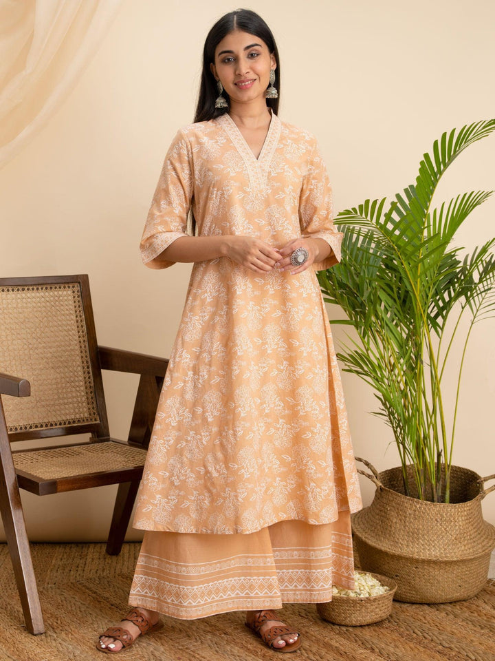 Peach Printed Cotton Kurta - ShopLibas