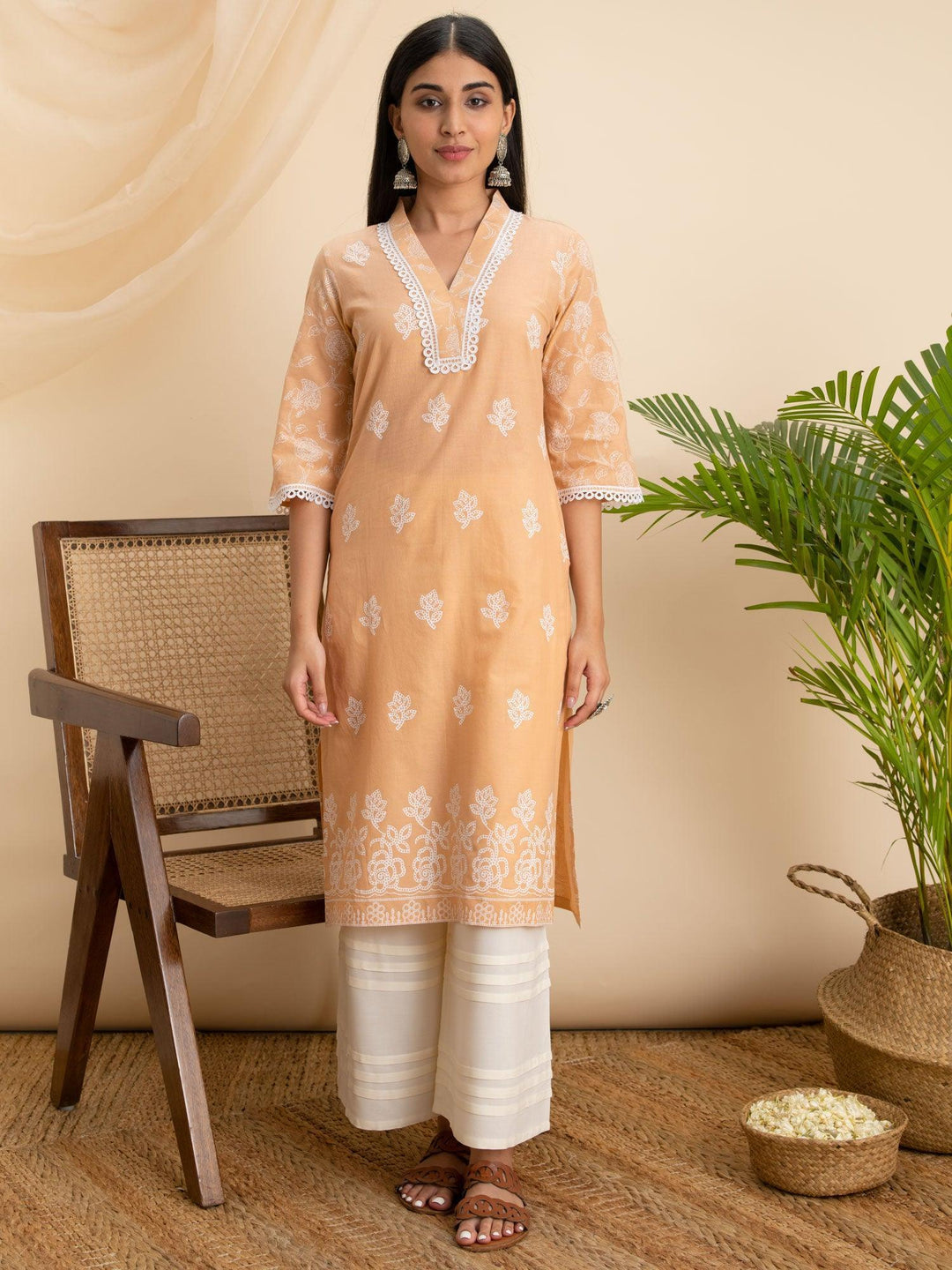 Peach Printed Cotton Kurta - ShopLibas