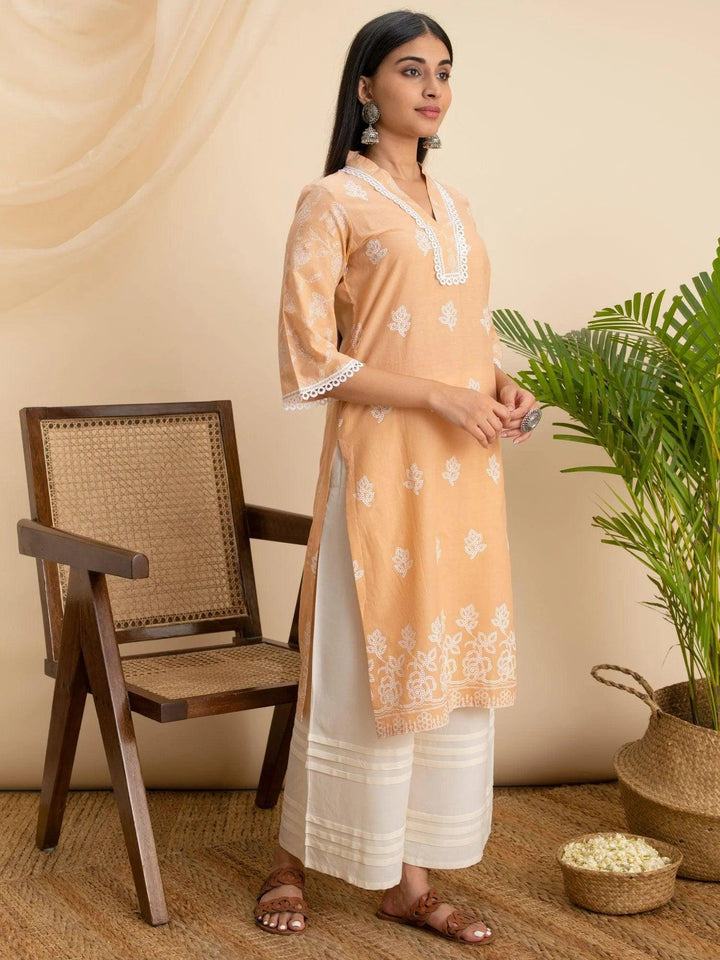 Peach Printed Cotton Kurta - ShopLibas