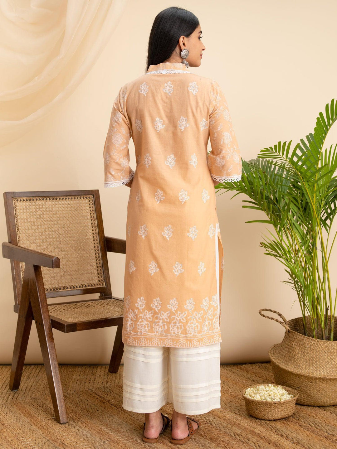 Peach Printed Cotton Kurta - ShopLibas