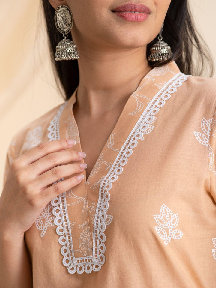 Peach Printed Cotton Kurta - ShopLibas