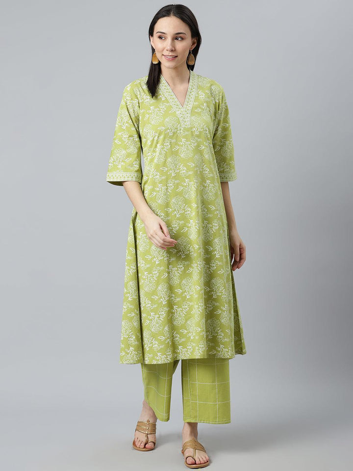 Green Printed Cotton Kurta - ShopLibas