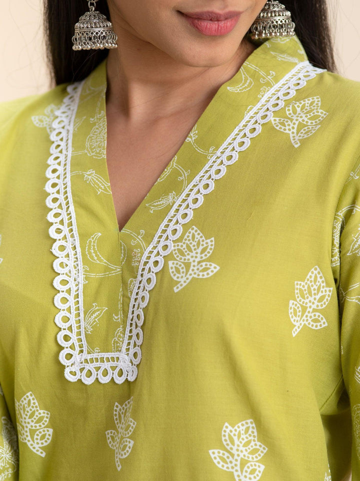 Green Printed Cotton Kurta - ShopLibas