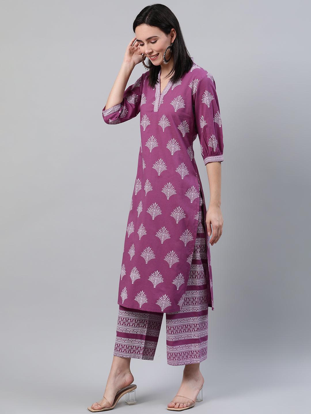 Purple Printed Cotton Kurta - ShopLibas