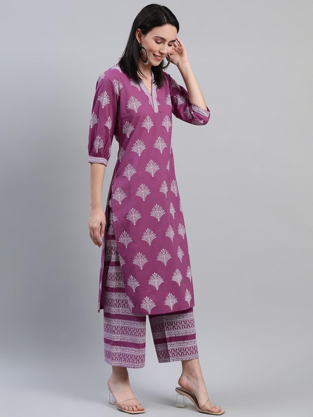 Purple Printed Cotton Kurta - ShopLibas