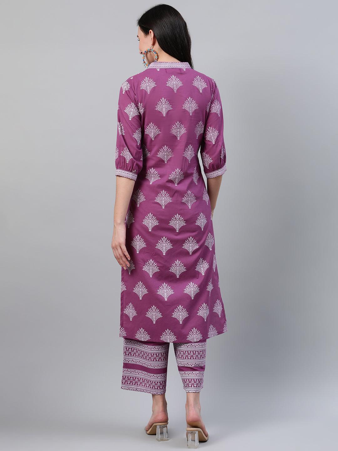 Purple Printed Cotton Kurta - ShopLibas