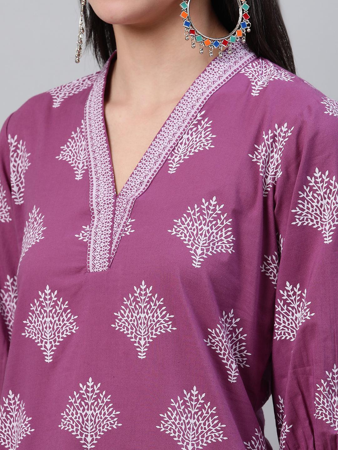 Purple Printed Cotton Kurta - ShopLibas