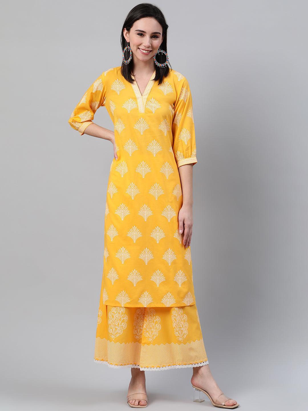 Yellow Printed Cotton Kurta - ShopLibas