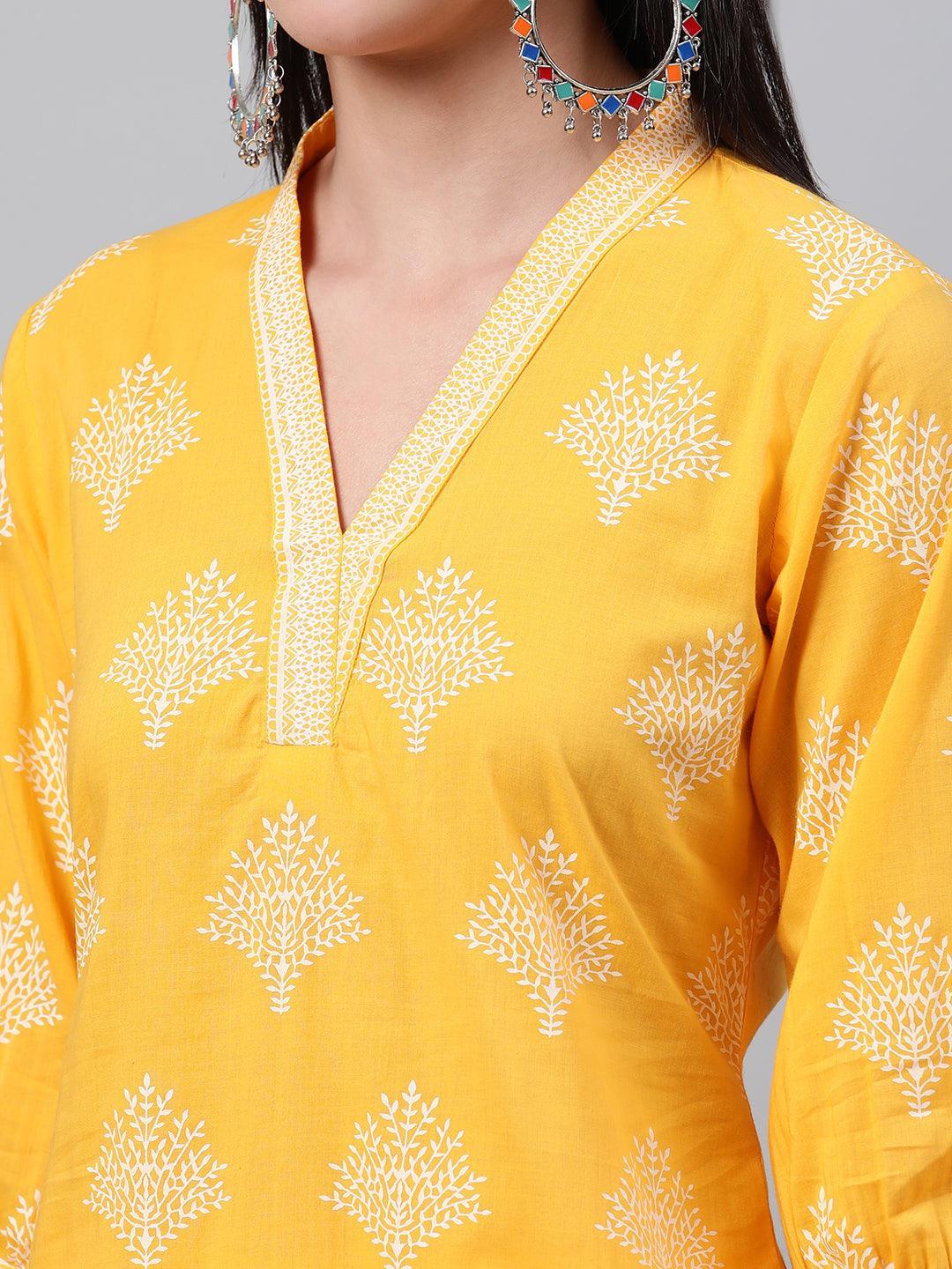 Yellow Printed Cotton Kurta - ShopLibas