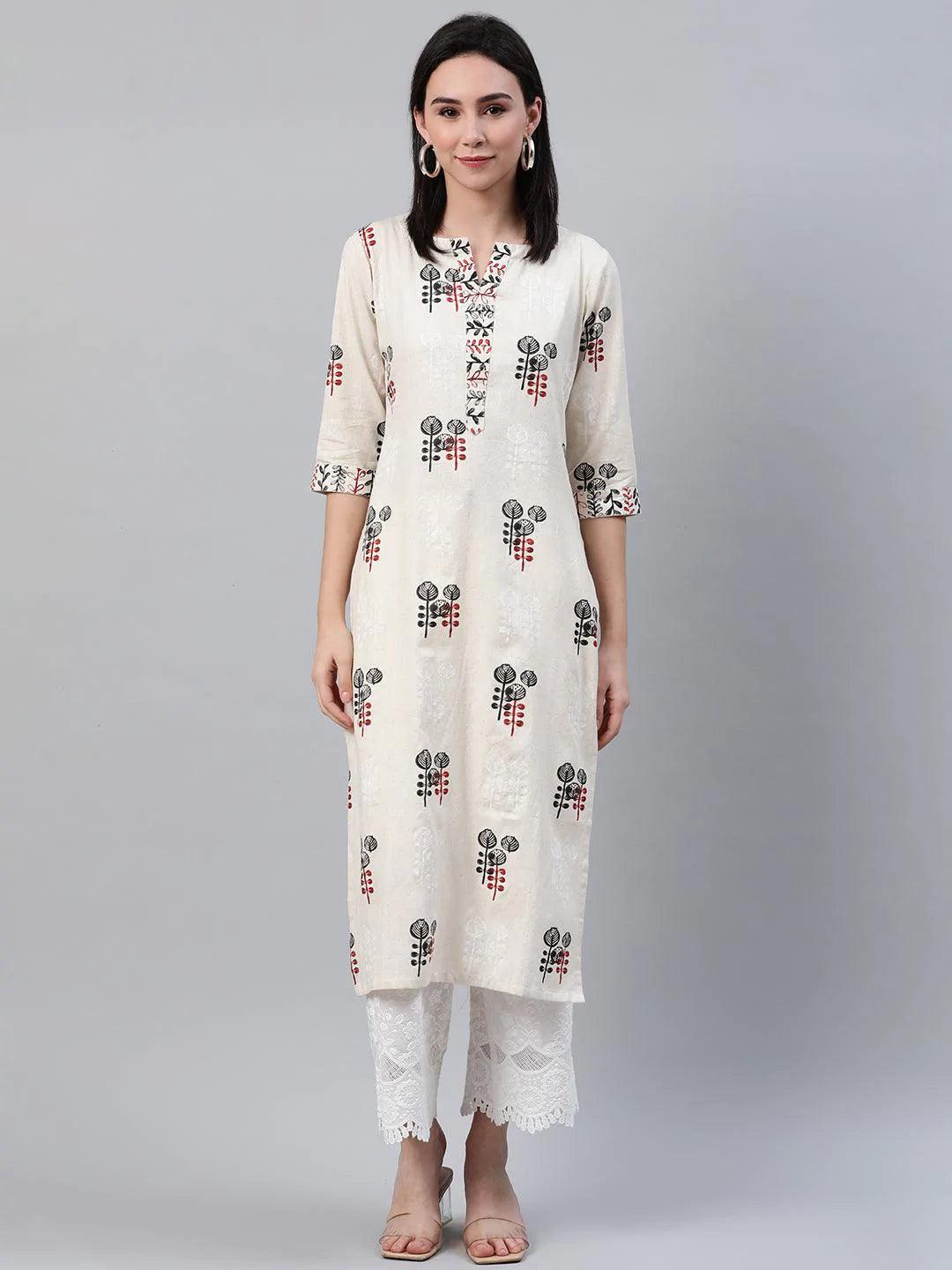 Beige Printed Cotton Kurta